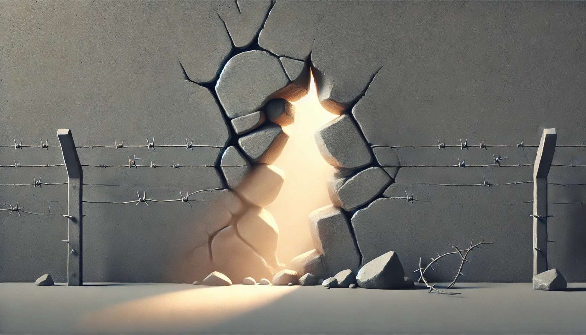 DALL·E 2025-01-21 21.16.32 - A minimalistic and symbolic depiction of a cracked stone wall with a small opening. Through the opening, a faint ray of sunlight streams in, symbolizi